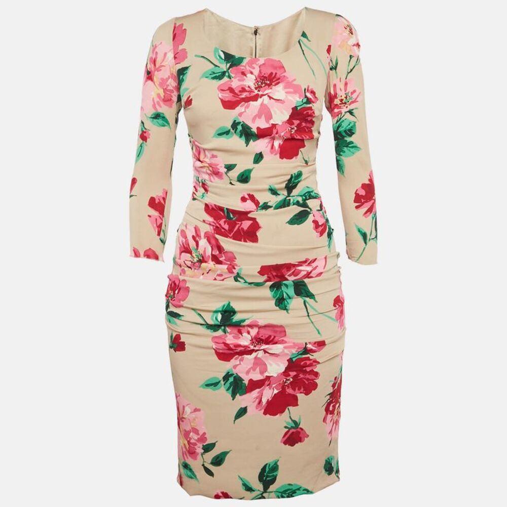 Dolce & Gabbana Beige Floral Printed Silk Ruched Midi Dress S